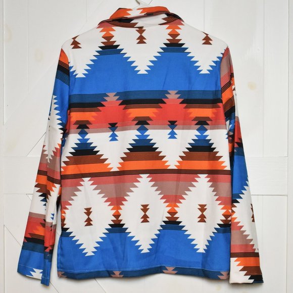 SHEIN Aztec print jacket coat long sleeve collared button up blue orange size S - Picture 3 of 4